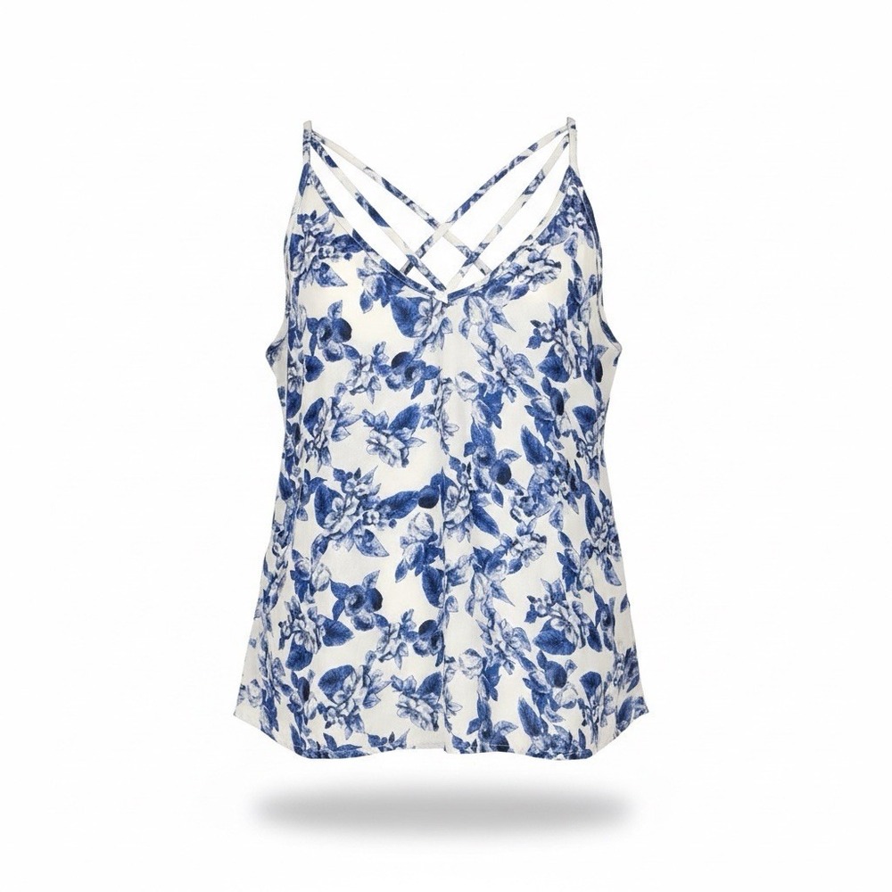 Paper Crane Cami Top Women L Blue White Tank Floral Delicate Boho Indie Beach